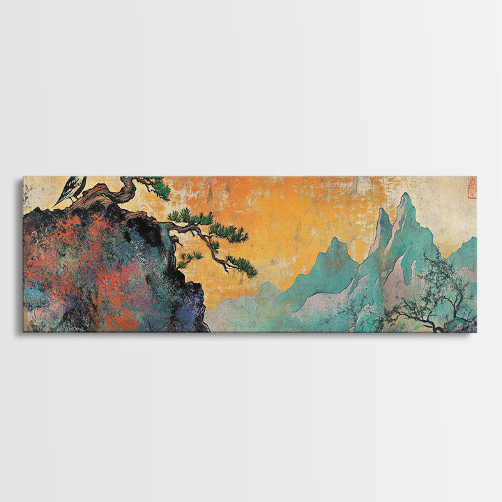 Soaring Bird Rocky Cliff Canvas Print, Teal Mountain Landscape Wall Art, Japanese Nature Art, Large Panoramic Home Decor