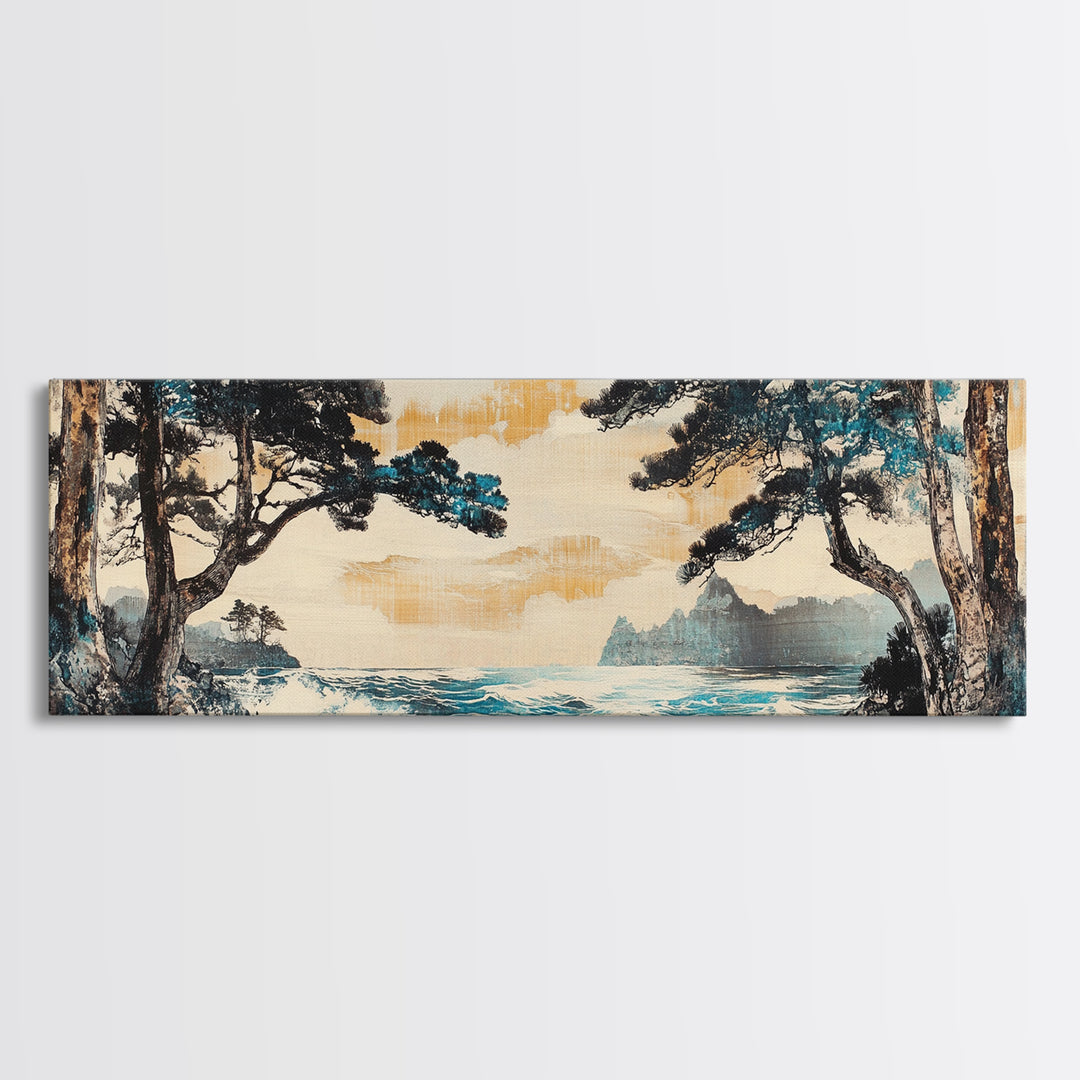 Misty Coastal Cove Canvas Print, Pine Tree Seascape Wall Art, Japanese Inspired Landscape, Large Panoramic Living Room Home Decor