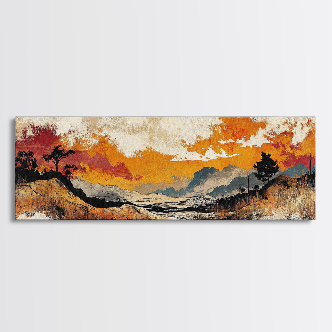 Autumn Valley Sunset Canvas Print, Orange Mountain Landscape Wall Art, Rustic Nature Art, Large Panoramic Home Decor Print
