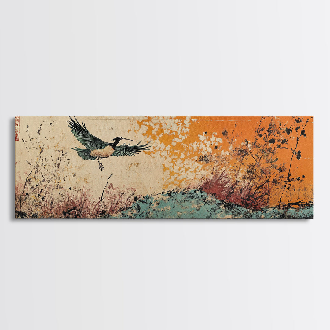 Flying Crane Over Floral Meadow Canvas Print, Japanese Bird Wall Art, Orange Sky Nature Art, Large Living Room Home Decor
