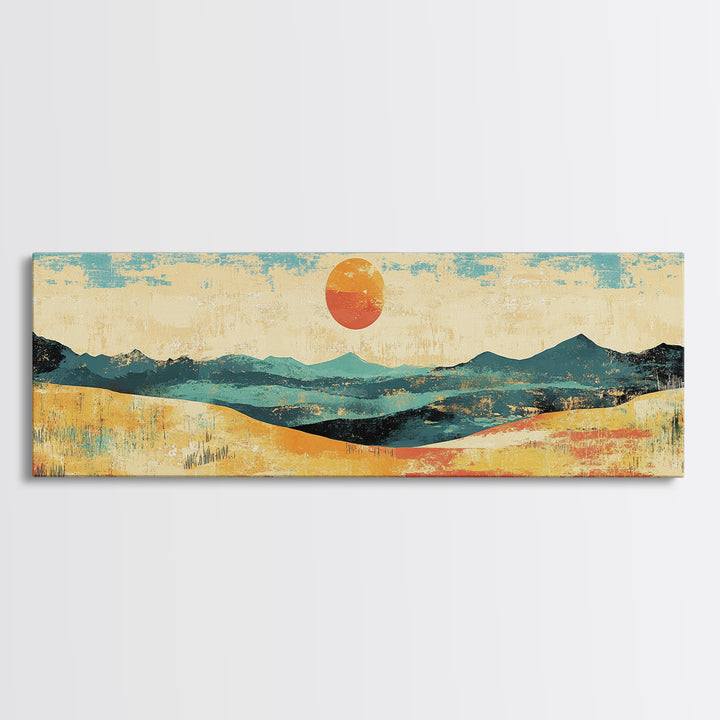Sun Over Rolling Hills Canvas Print, Minimalist Landscape Wall Art, Mid Century Modern Home Decor, Large Living Room Print