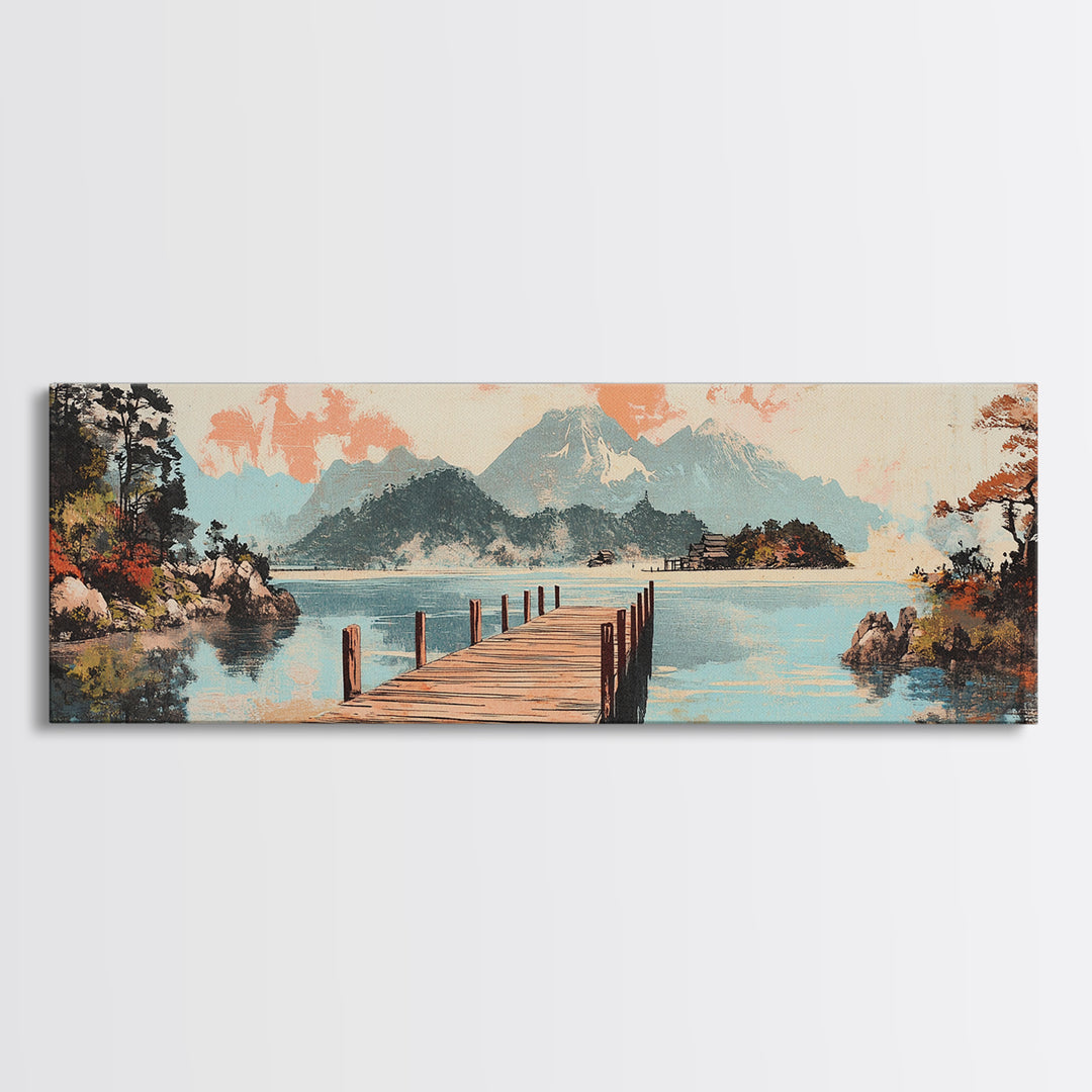 Serene Lake Dock And Mountain Canvas Print, Japanese Landscape Art, Coastal Wall Decor, Peaceful Living Room Decor, Above Sofa Wall Art
