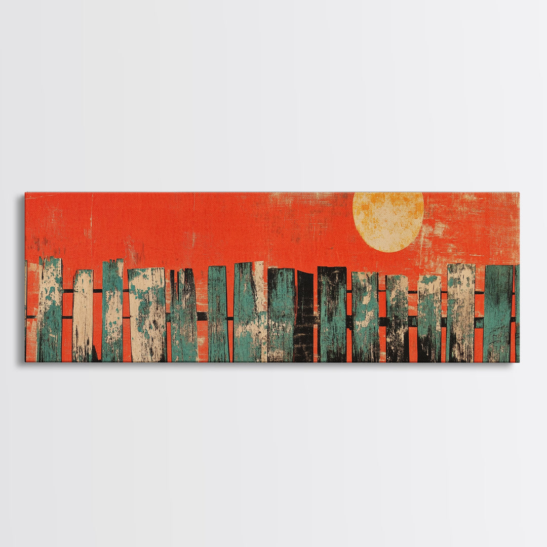 Red Sun Abstract Skyline Wall Art, Mid Century Modern Canvas Print, Urban Living Room Decor, Bold Orange City Poster Print