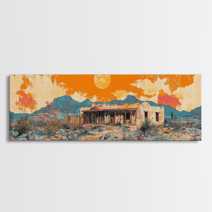 Orange Desert Adobe House Wall Art, Southwestern Landscape Canvas Print, Modern Rustic Home Decor, Santa Fe Style Poster
