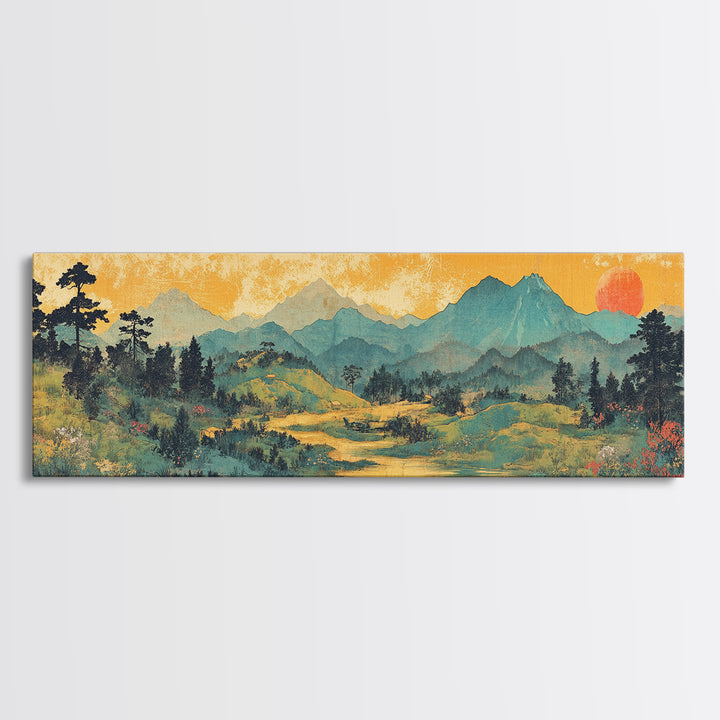 Misty Mountain Meadow Wall Art, Golden Sunrise Landscape Canvas Print, Nature Wall Decor, Above Sofa Living Room Decor Print