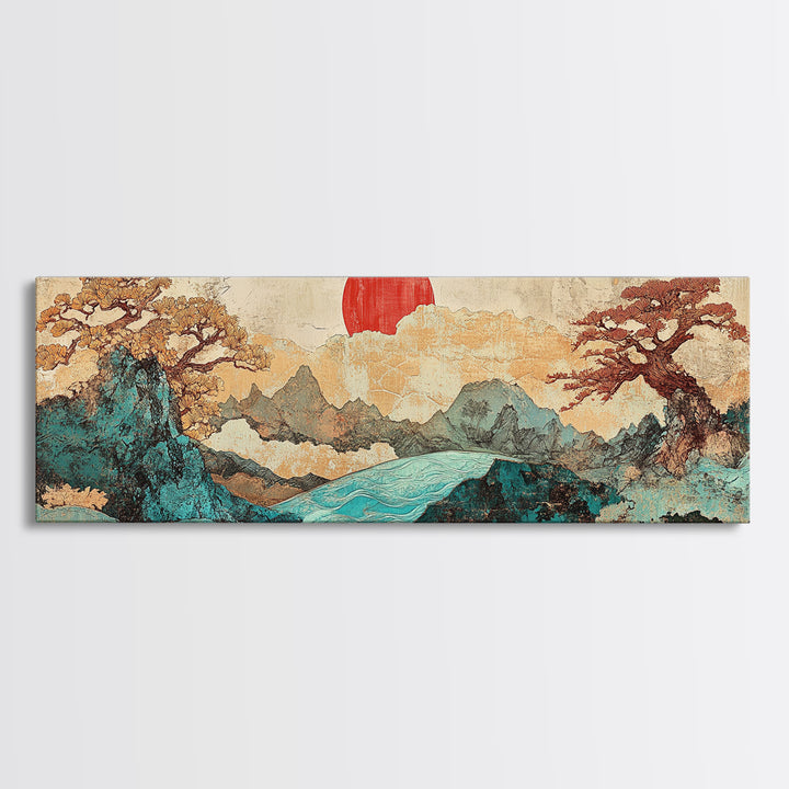 Red Sun Mountain River Landscape Wall Art, Japanese Wall Art, Panoramic Canvas, Japandi Decor, Living Room Wall Decor, Home Decor
