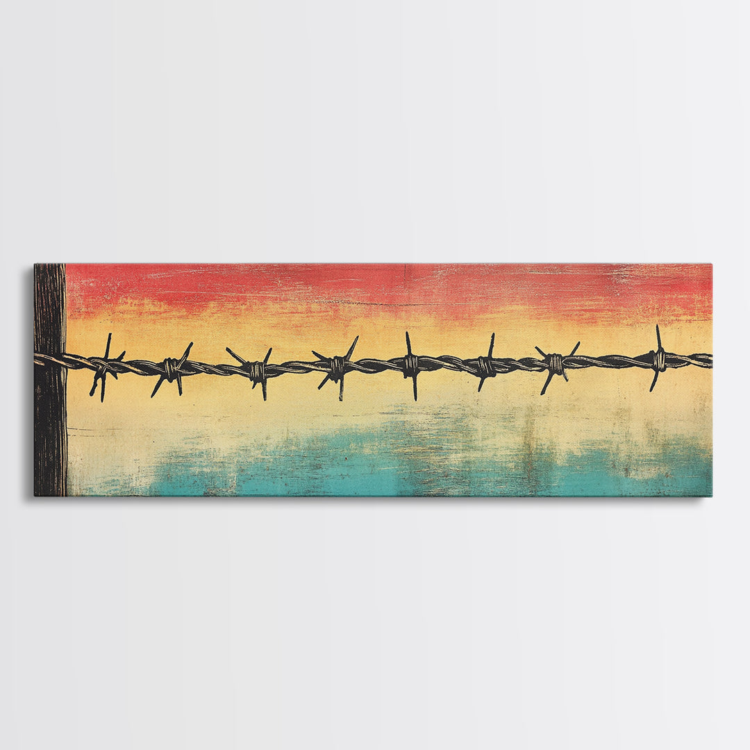 Barbed Wire Sunset Over Water Wall Art, Rustic Industrial Decor, Western Wall Art, Moody Canvas Print, Office Wall Decor