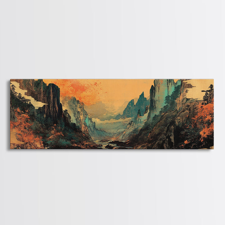 Misty Asian Mountain Valley Wall Art, Japanese Landscape, Zen Home Decor, Panoramic Canvas Print, Moody Living Room Wall Art