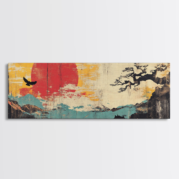 Red Sun Coastal Mountain Wall Art, Japanese Wall Art, Bird Silhouette, Japandi Decor, Panoramic Canvas Print, Home Decor
