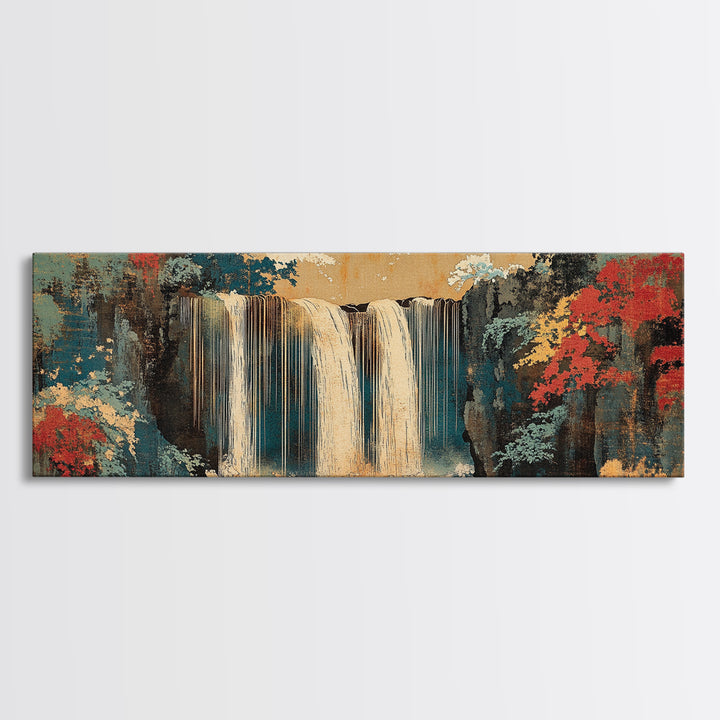 Misty Waterfall And Red Autumn Forest Wall Art, Japanese Landscape Canvas, Panoramic Nature Print, Serene Living Room Decor