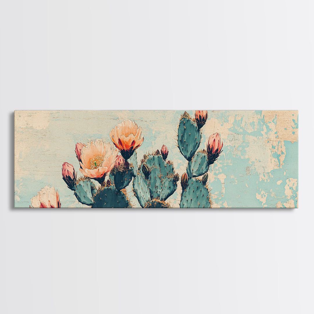 Blooming Prickly Pear Cactus Canvas Print, Southwestern Desert Wall Art, Floral Botanical Decor, Soft Blue Boho Home Decor