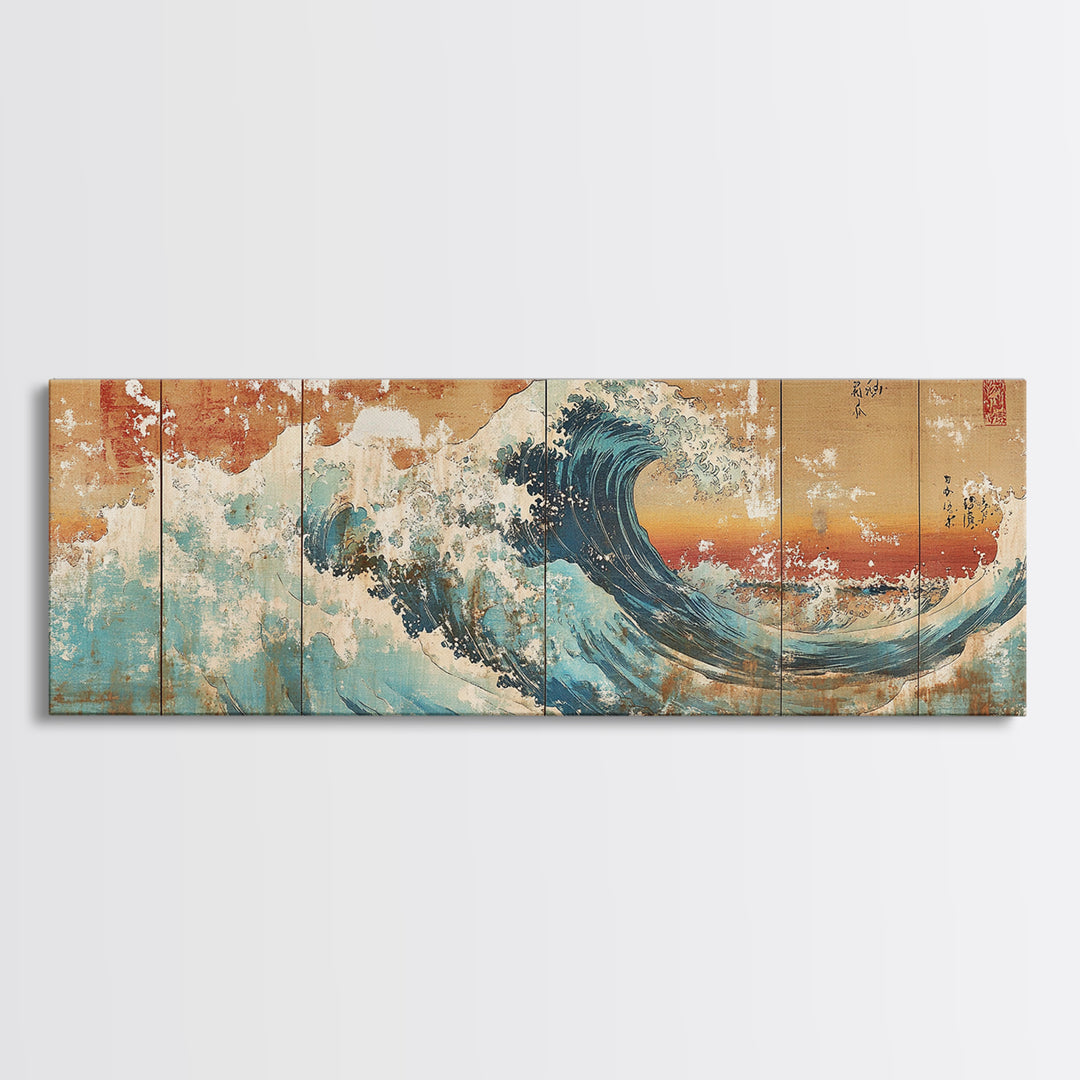 Great Japanese Wave With Golden Sky Canvas Print, Coastal Seascape Wall Art, Ocean Decor, Large Horizontal Living Room Art