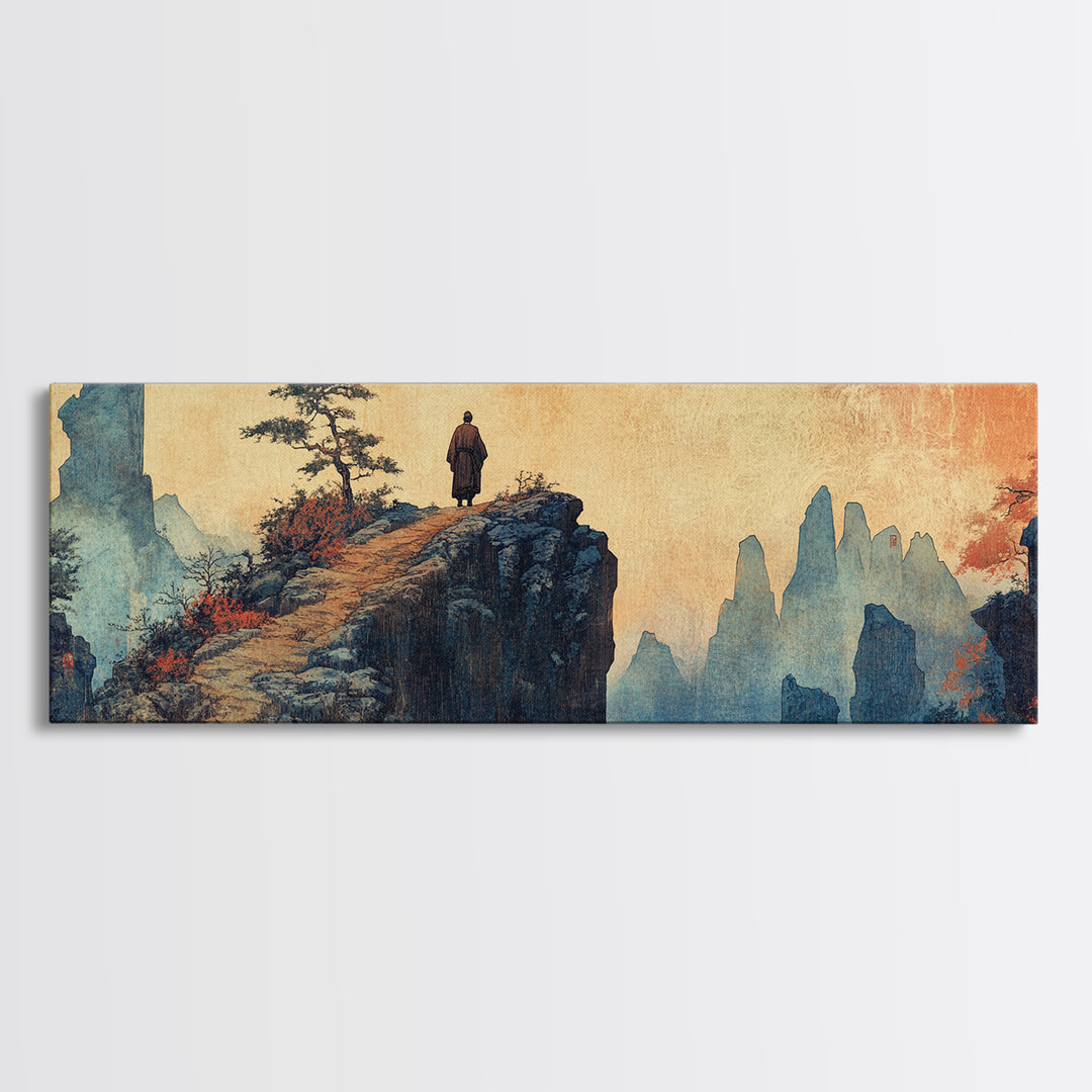 Solitary Monk On Cliff, Misty Asian Mountains Wall Art, Japanese Landscape Print, Zen Home Decor, Panoramic Canvas, Living Room Decor