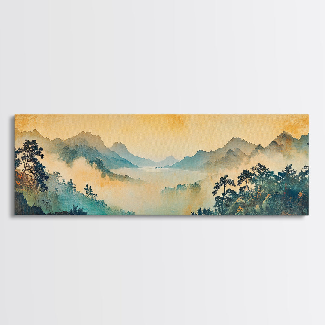 Misty Blue Mountain Valley Framed Canvas Print, Asian Landscape Wall Art, Zen Home Decor, Large Panoramic Nature Print, Office Decor