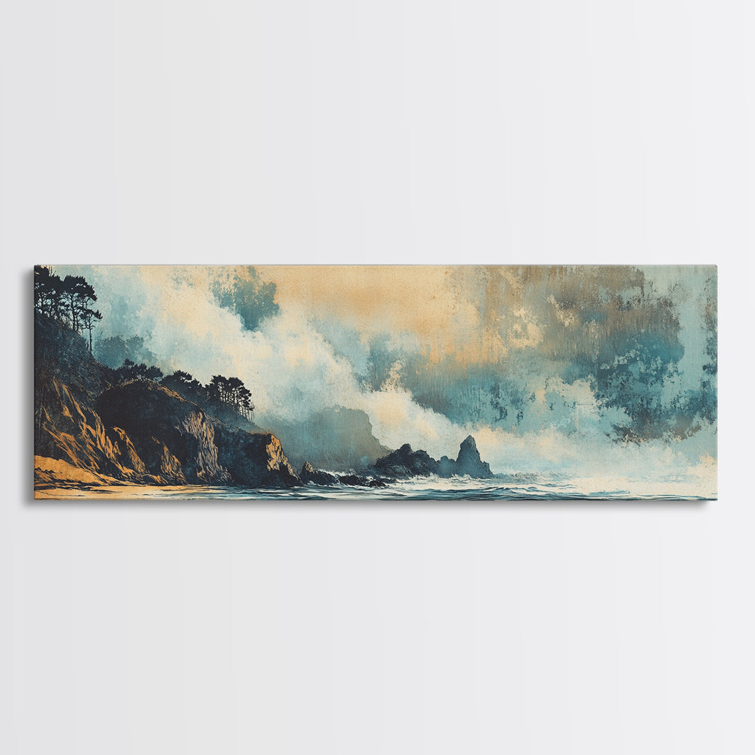 Stormy Coastal Waves And Dark Cliffs Canvas Print, Moody Seascape Wall Art, Ocean Decor, Beach House Living Room Art Print