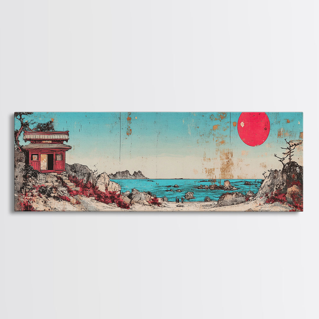 Seaside Shrine With Red Sun Wall Art, Japanese Coastal Print, Retro Pagoda Decor, Zen Ocean Landscape Canvas Gift For Home Decor
