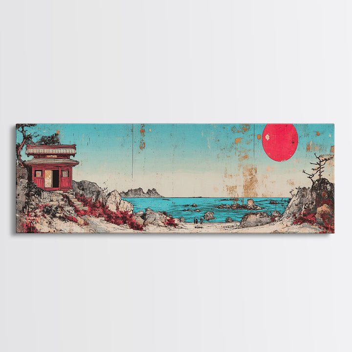 Seaside Shrine With Red Sun Wall Art, Japanese Coastal Print, Retro Pagoda Decor, Zen Ocean Landscape Canvas Gift For Home Decor