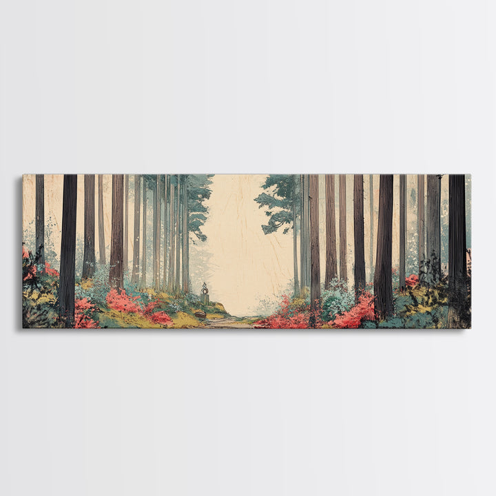 Misty Forest Path With Tall Pines Wall Art, Woodland Landscape Print, Japandi Nature Decor, Calming Office Canvas For Home
