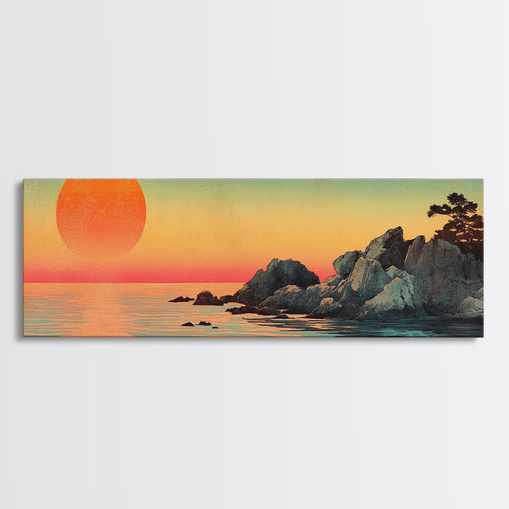 Orange Sunset Over Rocky Shore Wall Art, Japanese Coastal Seascape Print, Serene Ocean Decor, Large Horizontal Canvas Gift