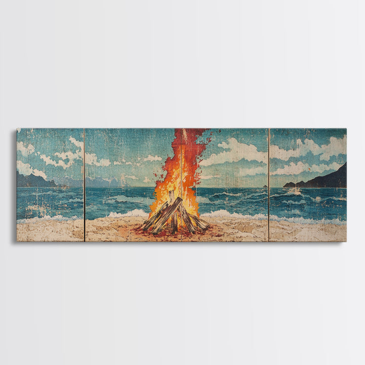 Beach Bonfire Beside Blue Ocean Wall Art, Coastal Triptych Print, Summer Seascape Decor, Large Framed Canvas Print Gift For Her