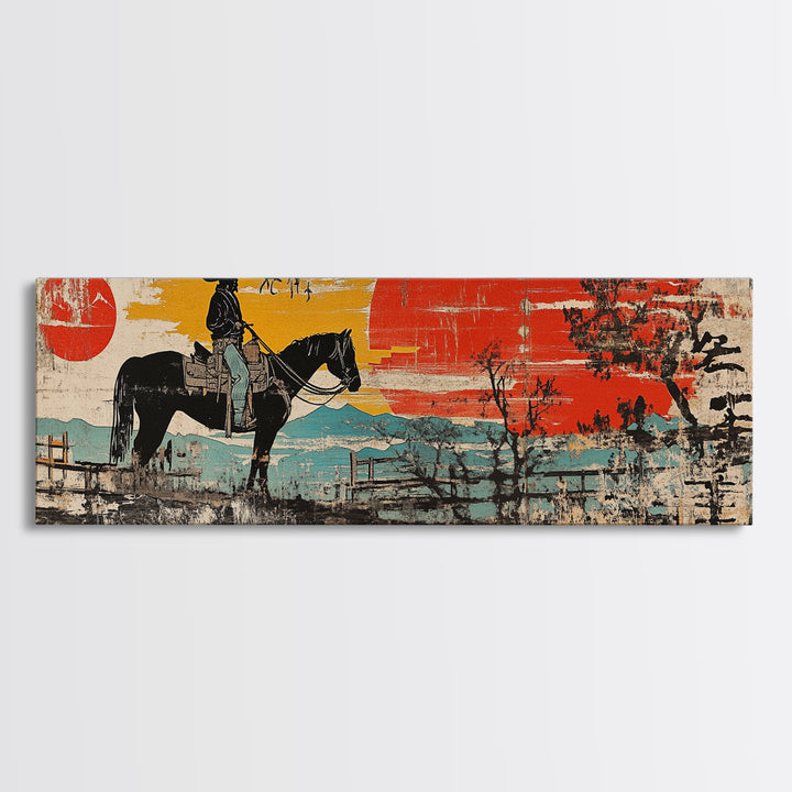 Cowboy On Horse By Red Barn Canvas Print, Rustic Western Landscape Wall Art, Farmhouse Country Decor, Ranch House Gift Idea