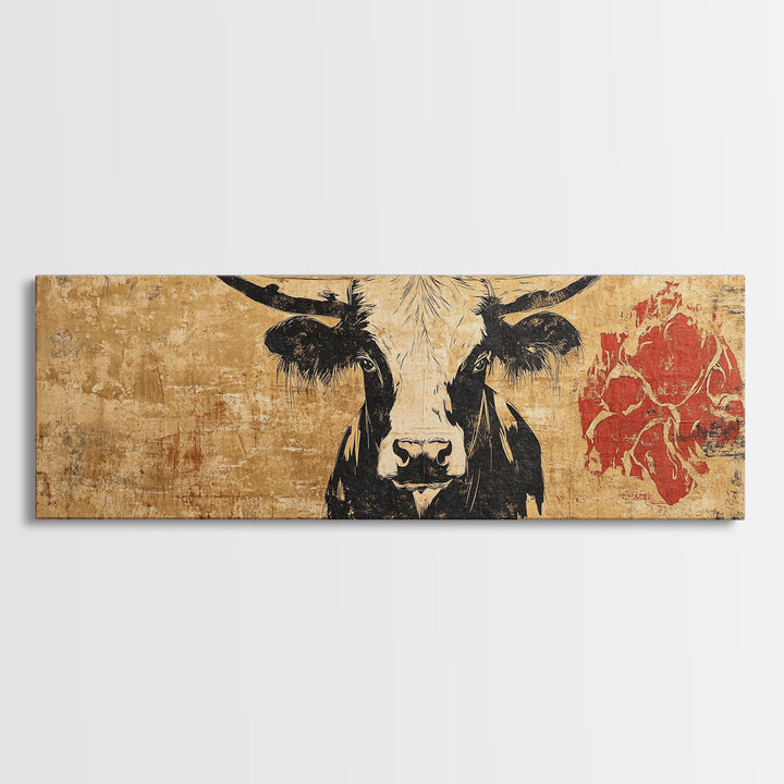 Black And White Longhorn Cow Wall Art, Rustic Western Canvas Print, Farmhouse Ranch Decor, Southwest Animal Poster Print