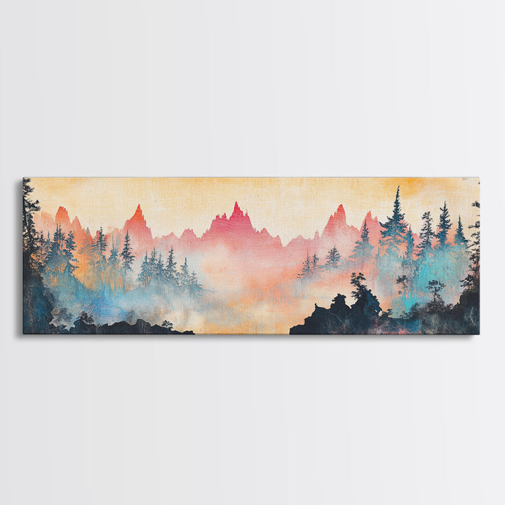 Misty Mountain Forest Sunrise Canvas Print, Panoramic Landscape Wall Art, Nature Inspired Living Room Home Decor, Cabin Decor