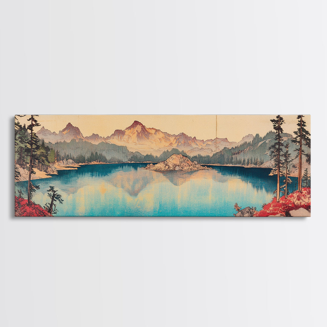 Turquoise Alpine Lake And Pine Mountain Wall Art, Panoramic Landscape Canvas Print, Rustic Cabin Living Room Home Decor Print