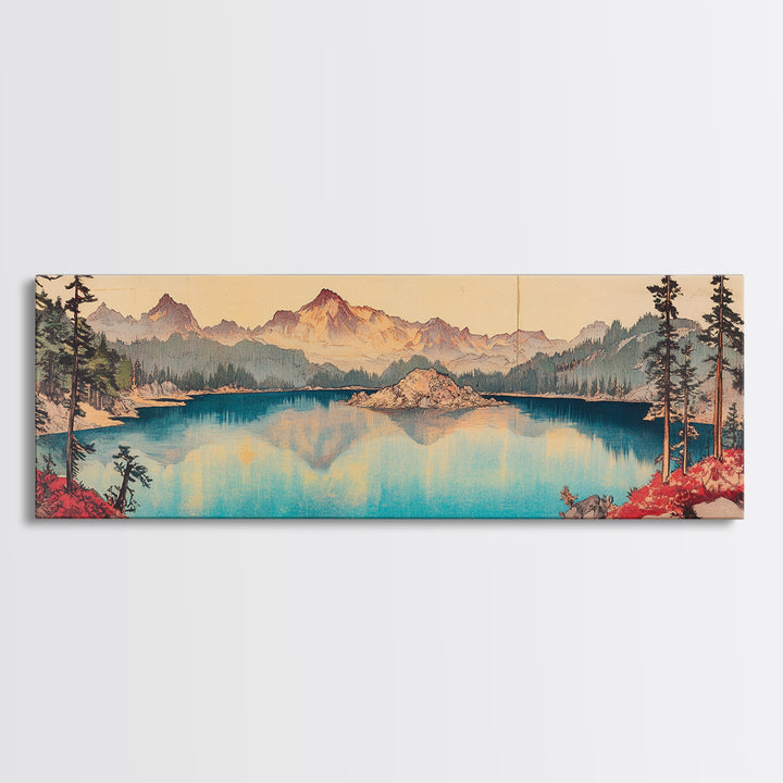 Turquoise Alpine Lake And Pine Mountain Wall Art, Panoramic Landscape Canvas Print, Rustic Cabin Living Room Home Decor Print