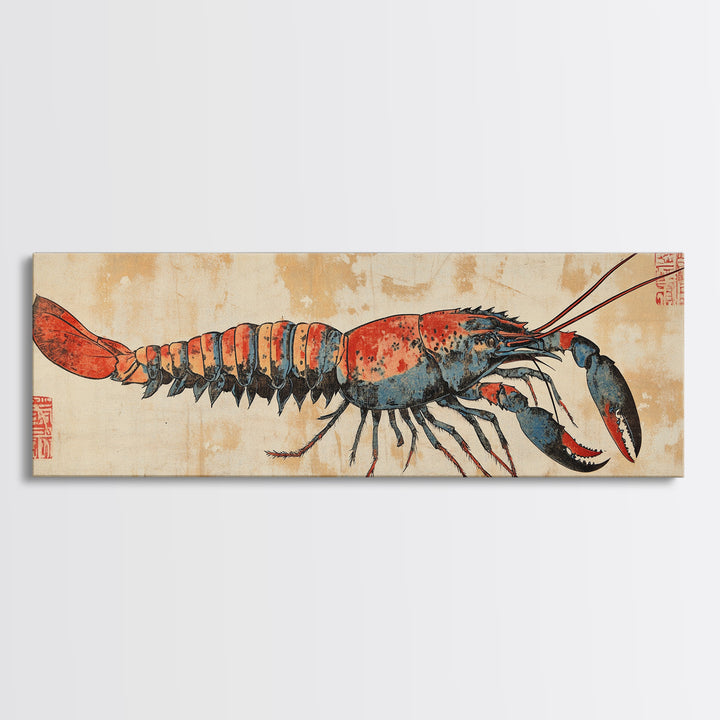 Red Lobster Illustration On Aged Parchment Wall Art, Nautical Seafood Canvas Print, Coastal Kitchen Dining Room Decor Foodie Gift
