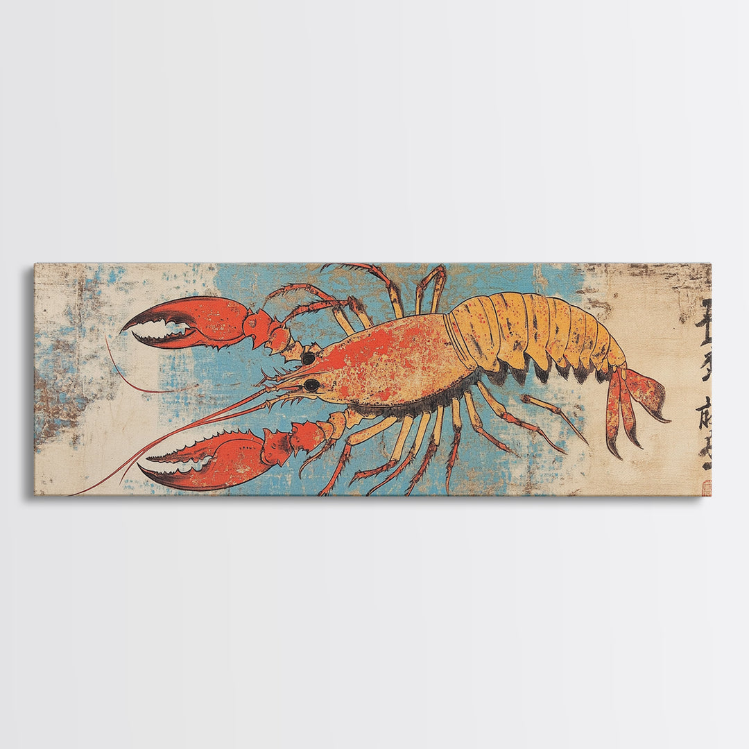 Orange Lobster On Weathered Blue Background Wall Art, Nautical Seafood Canvas Print, Coastal Kitchen Dining Room Decor Gift