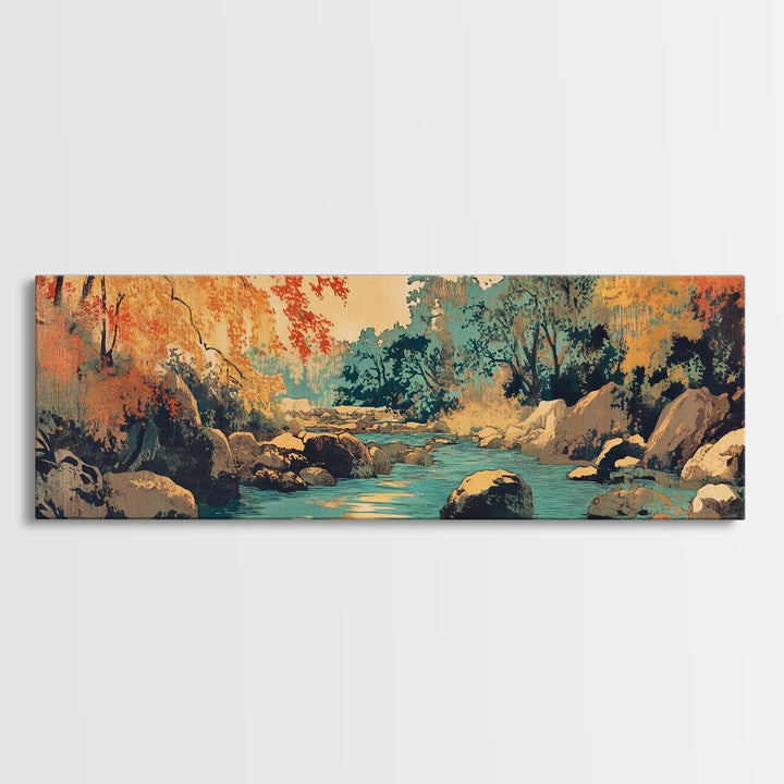 Autumn Forest River With Rocks Wall Art, Rustic Landscape Canvas Print, Warm Nature Living Room Cozy Cabin Home Decor Gift