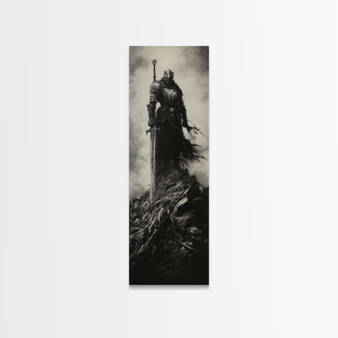 Dark Armored Knight With Sword Black And White Wall Art, Gothic Fantasy Canvas Print, Dark Academia Decor, Gift For Him Or Office Decor