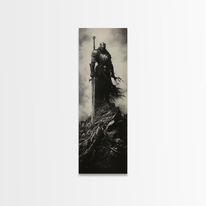 Dark Armored Knight With Sword Black And White Wall Art, Gothic Fantasy Canvas Print, Dark Academia Decor, Gift For Him Or Office Decor