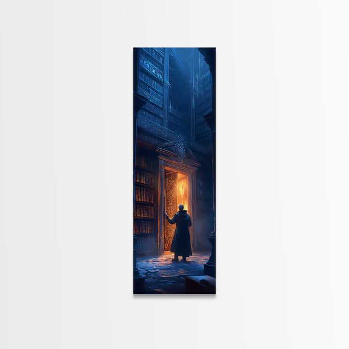 Glowing Portal Door In Dark Gothic Library Wall Art, Fantasy Bookstore Canvas Print, Dark Academia Decor For Reading Nook