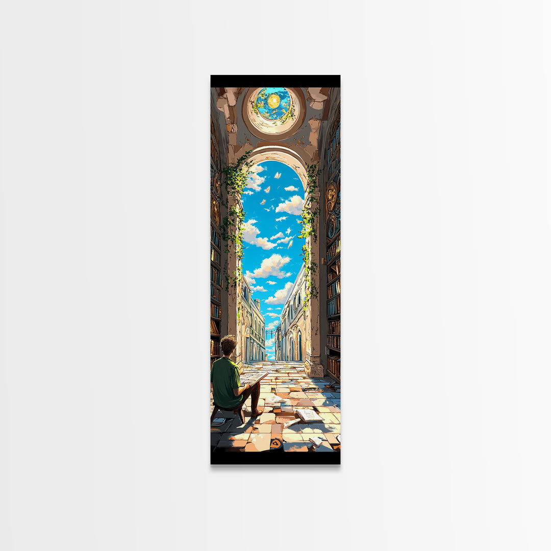 Sunlit Ruined Library Hall With Open Sky Wall Art, Whimsical Fantasy Canvas Print, Book Lover Decor For Reading Nook And Home Library