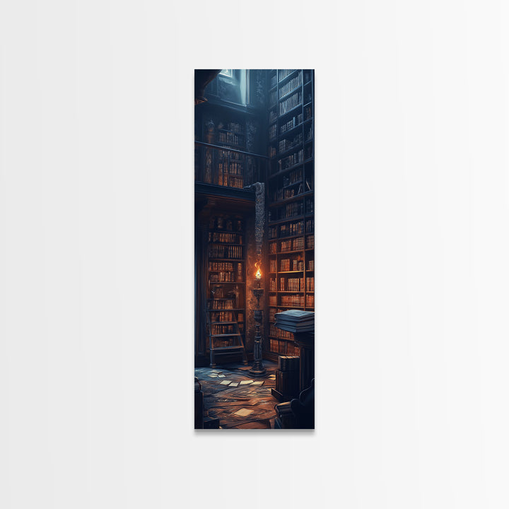 Moody Old Library With Tall Shelves And Candlelight Wall Art, Dark Academia Canvas Print, Gothic Home Library Wall Decor