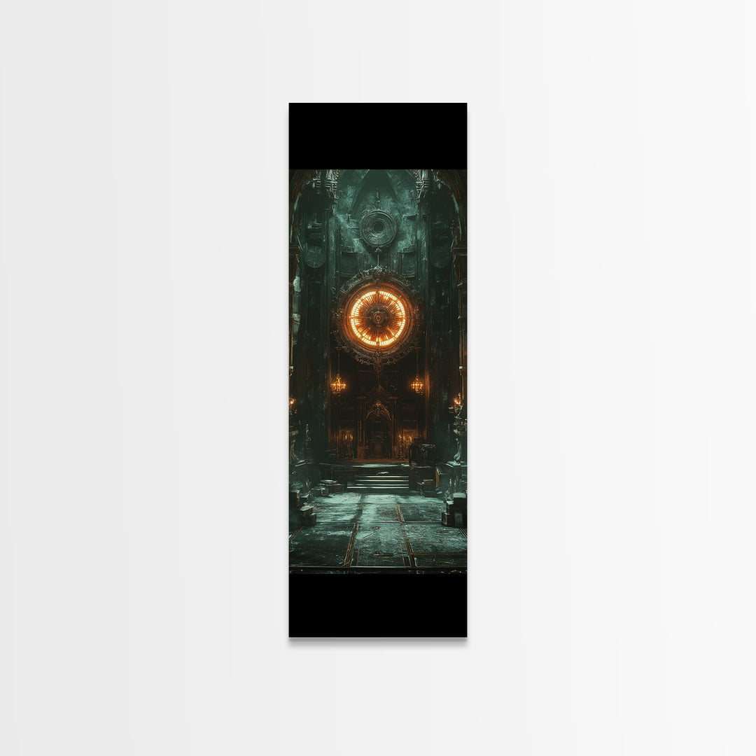Glowing Astral Clock Door In Gothic Hall Wall Art, Dark Fantasy Canvas Print, Steampunk Decor, Moody Entryway Art For Office