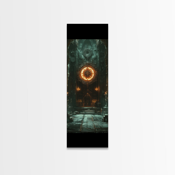Glowing Astral Clock Door In Gothic Hall Wall Art, Dark Fantasy Canvas Print, Steampunk Decor, Moody Entryway Art For Office