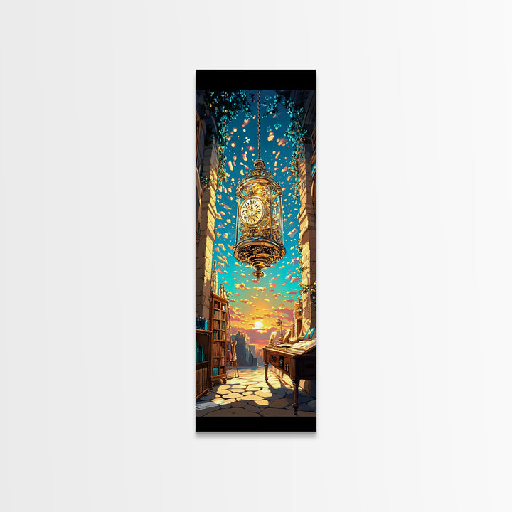 Floating Golden Clock Over Sunset Alley Wall Art, Whimsical Fantasy Canvas Print, Bookshop Travel Decor, Unique Gift For Her