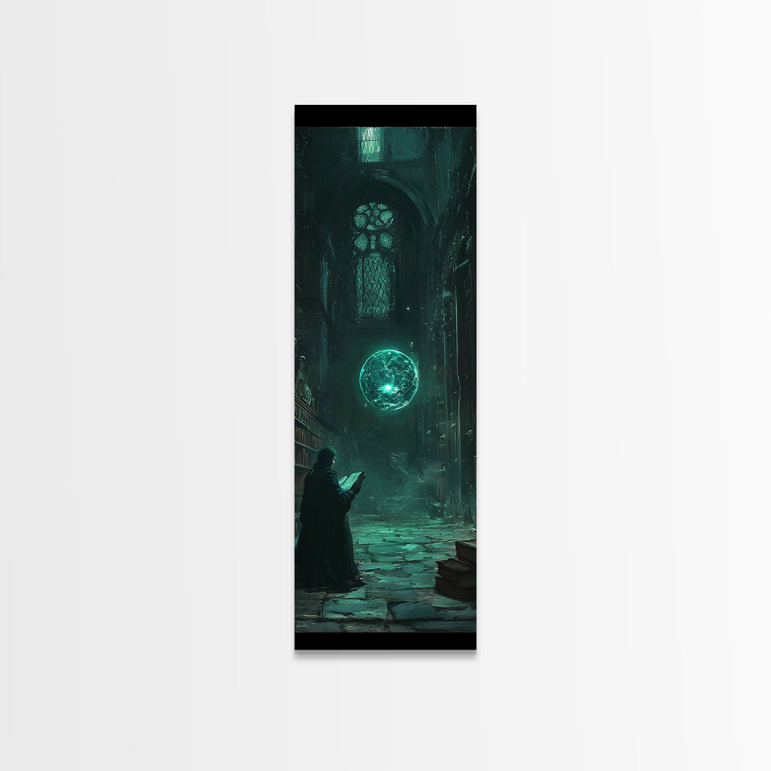 Dark Gothic Library With Teal Magic Orb Wall Art, Fantasy Castle Decor, Dark Academia Print, Moody Reading Nook Artwork Gift