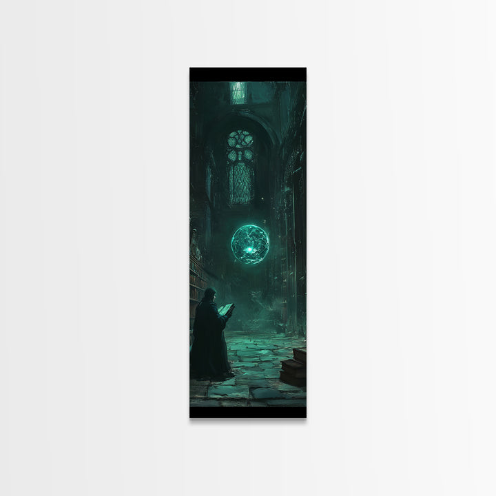 Dark Gothic Library With Teal Magic Orb Wall Art, Fantasy Castle Decor, Dark Academia Print, Moody Reading Nook Artwork Gift