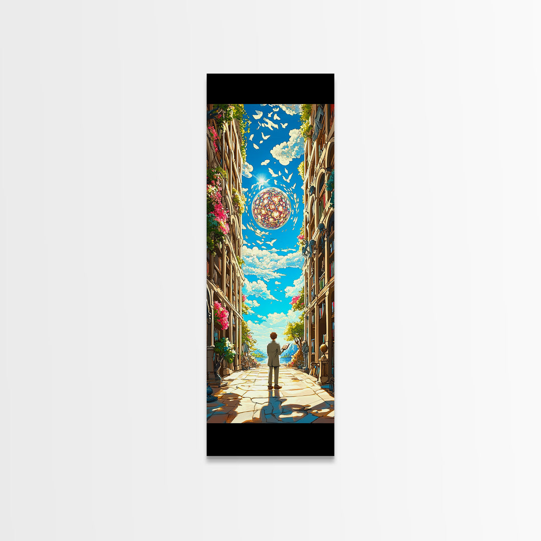 Sunlit European Alley With Birds And Glass Orb Canvas Print, Coastal Wall Art, Fantasy Travel Poster, Bright Home Decor Gift