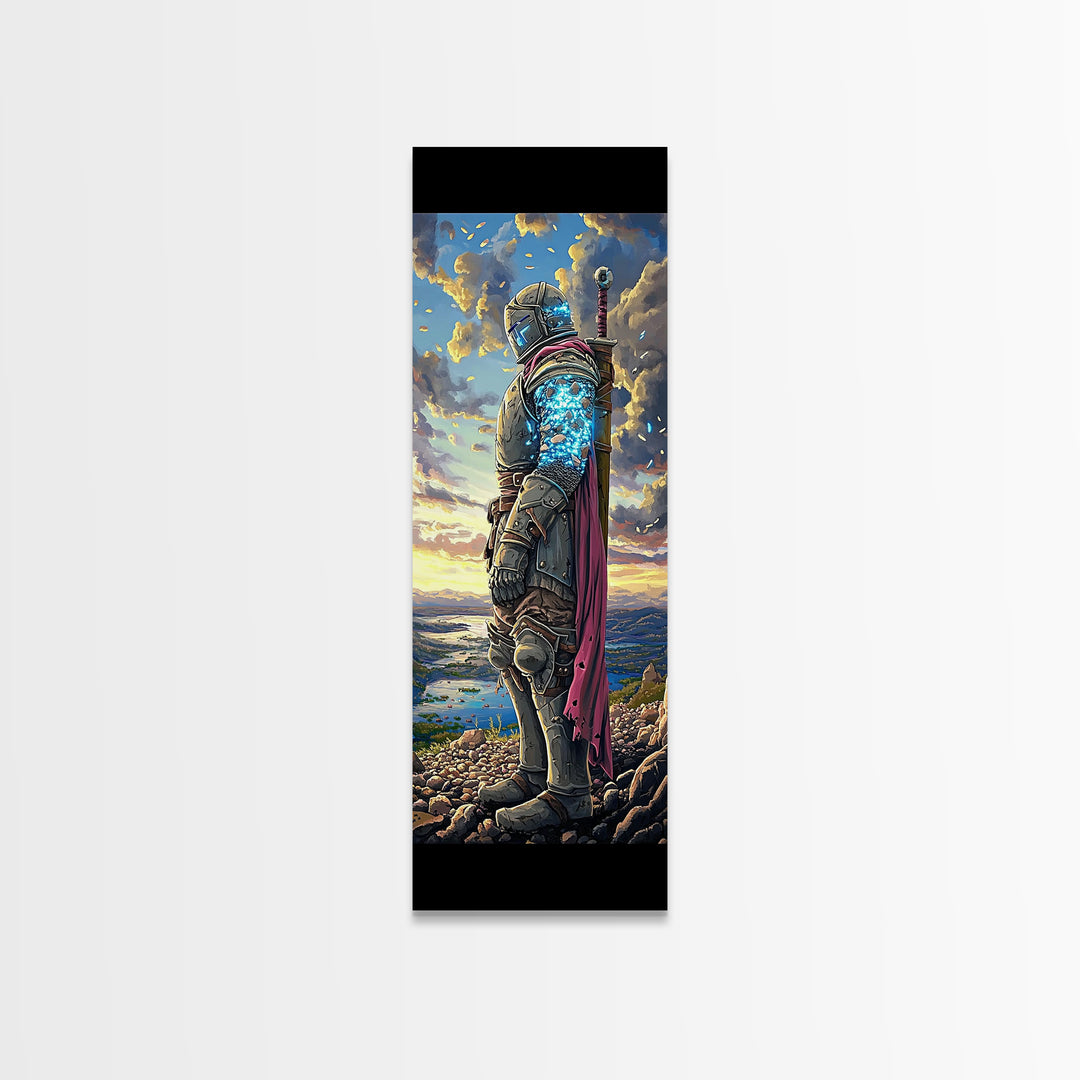 Glowing Blue Crystal Knight At Sunset Framed Canvas Print, Fantasy Wall Art, Medieval Warrior Decor, Gamer Room Gift For Him