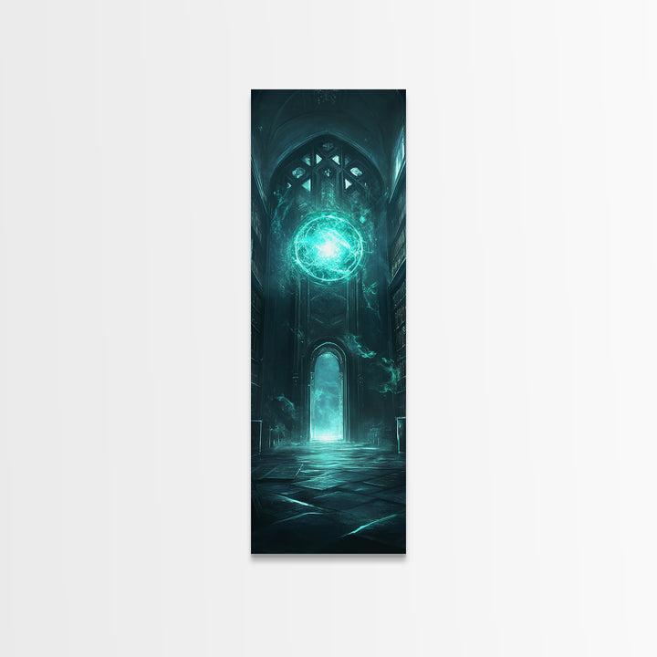 Teal Magic Orb In Gothic Cathedral Wall Art, Dark Fantasy Canvas Print, Dark Academia Decor, Mystical Library Artwork Gift
