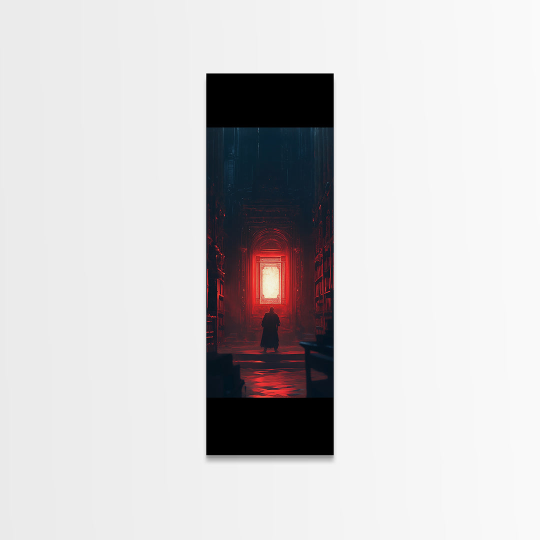 Red Glowing Door In Dark Library Wall Art, Gothic Framed Canvas Print, Dark Academia Decor, Moody Fantasy Artwork Gift For Him