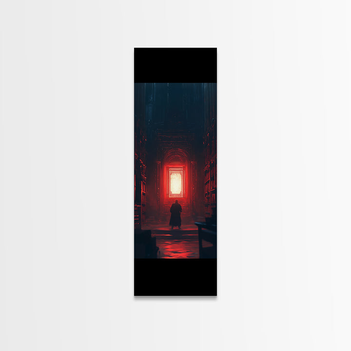 Red Glowing Door In Dark Library Wall Art, Gothic Framed Canvas Print, Dark Academia Decor, Moody Fantasy Artwork Gift For Him
