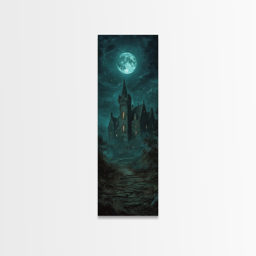 Moonlit Gothic Castle On Misty Path Wall Art, Dark Academia Canvas Print, Haunted House Decor, Moody Fantasy Gothic Wall Decor Gift