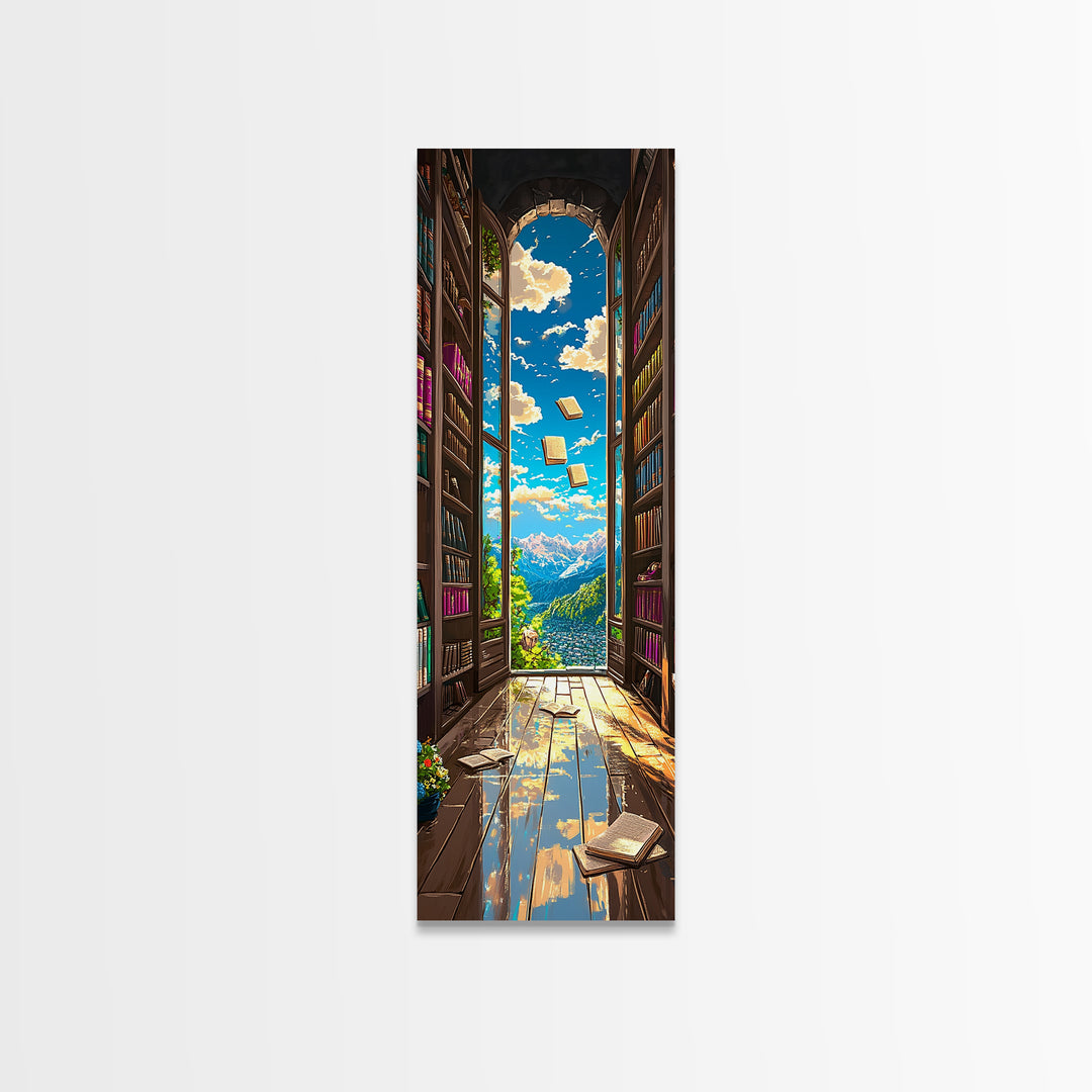 Magical Library Doorway With Floating Books Wall Art, Mountain View Canvas Print, Book Lover Decor, Reading Nook Home Office Gift