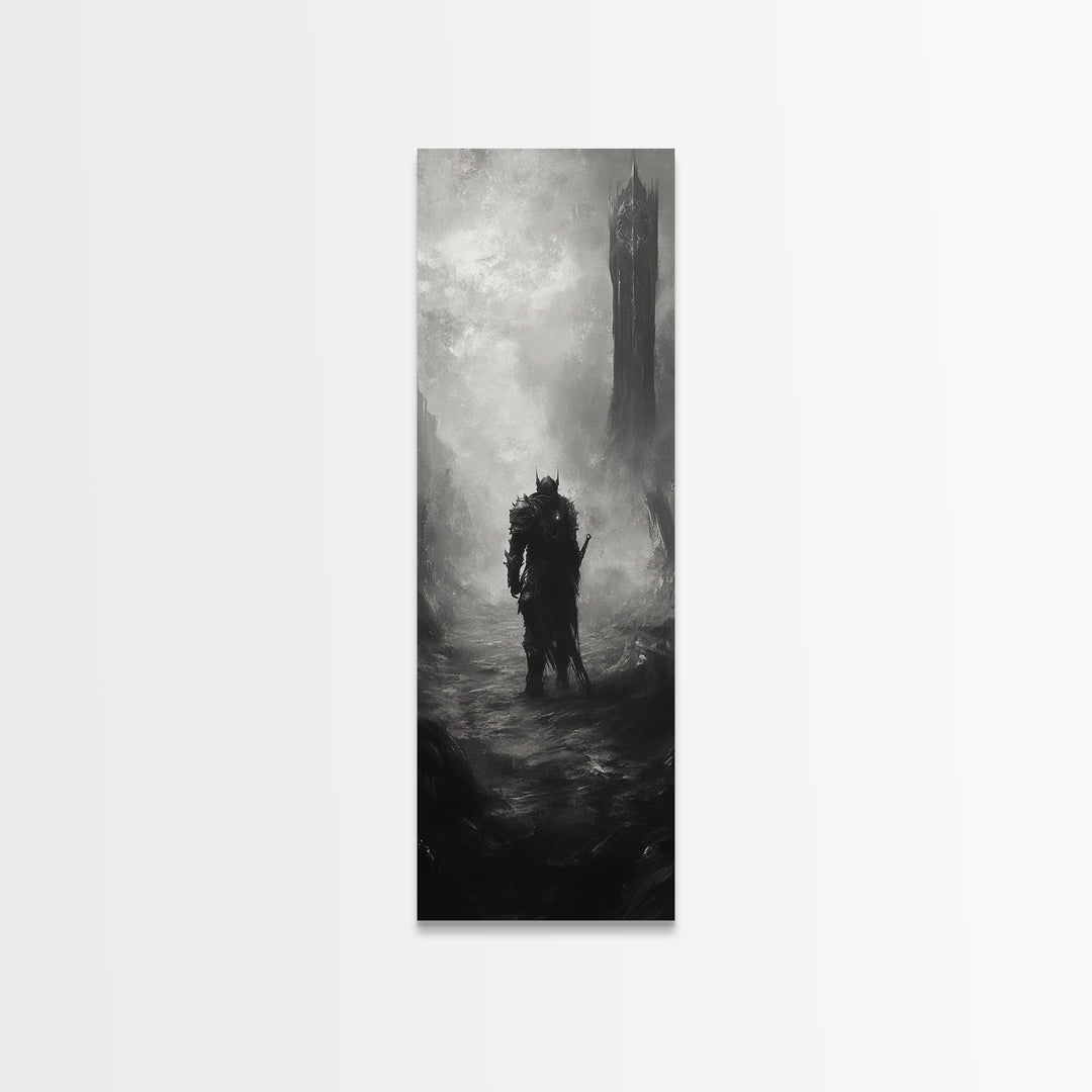 Lone Warrior Before Dark Tower Wall Art, Black And White Fantasy Print, Gothic Dark Art For Game Room Decor, Moody Statement Artwork